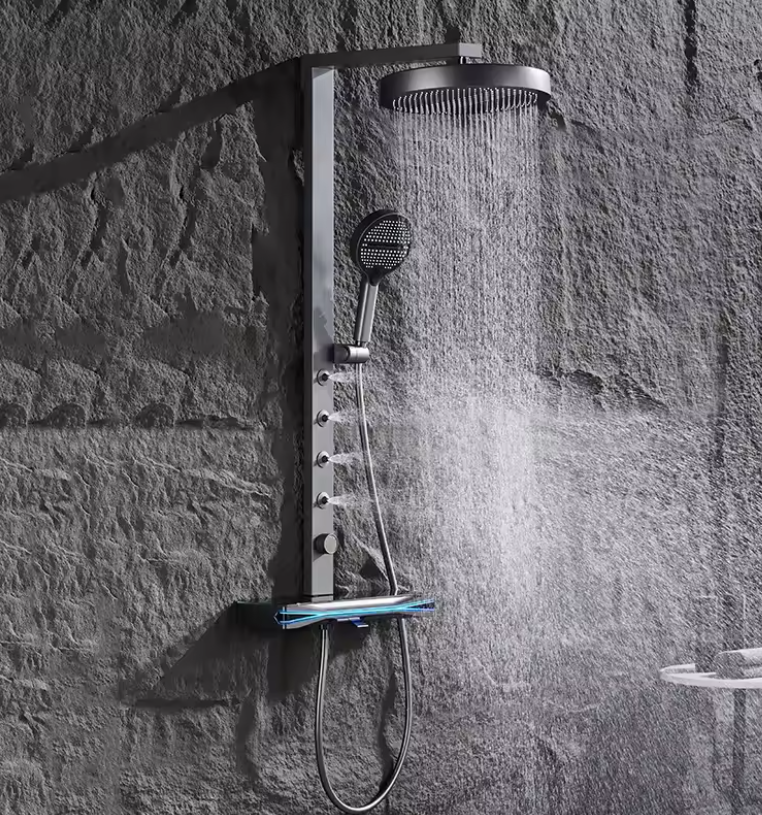 Colonne de douche LED en laiton gris – Système complet avec affichage digital et jet pluie