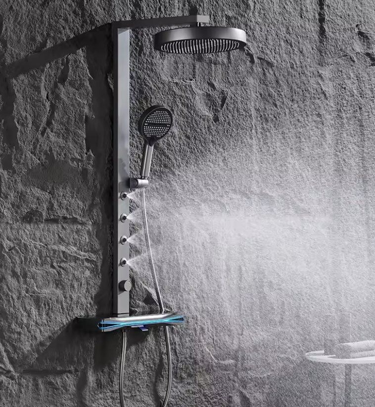 Colonne de douche LED en laiton gris – Système complet avec affichage digital et jet pluie