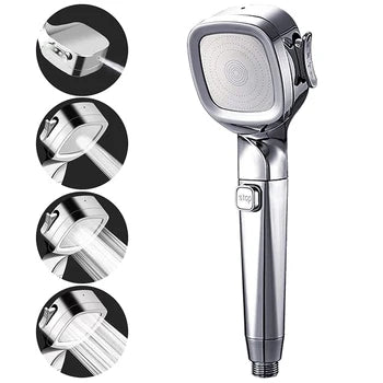 Pommeau de Douche Haute Pression Réglable 4 Modes avec Bouton Stop - Accessoire Salle de Bain