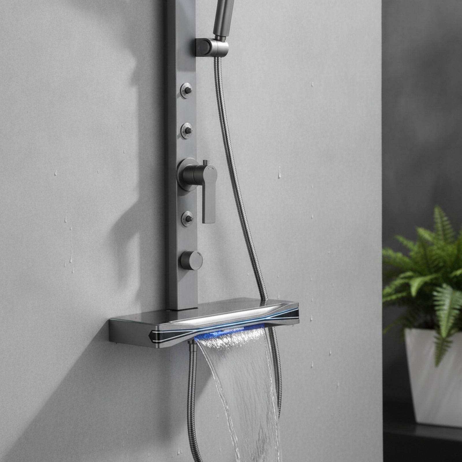 Ensemble de Douche LED Gris Laiton avec Pommeau Chaud/Froid et Panneau Pluie