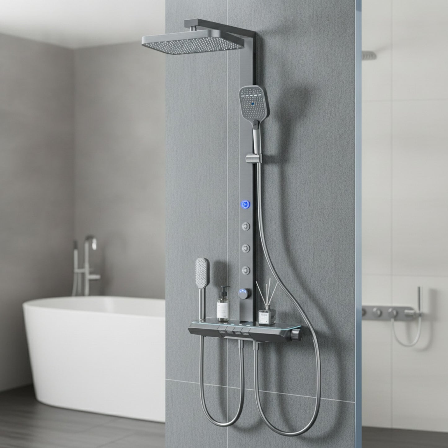 Ensemble de Douche Gris Intelligent avec Affichage Numérique et Pommeau Multifonction