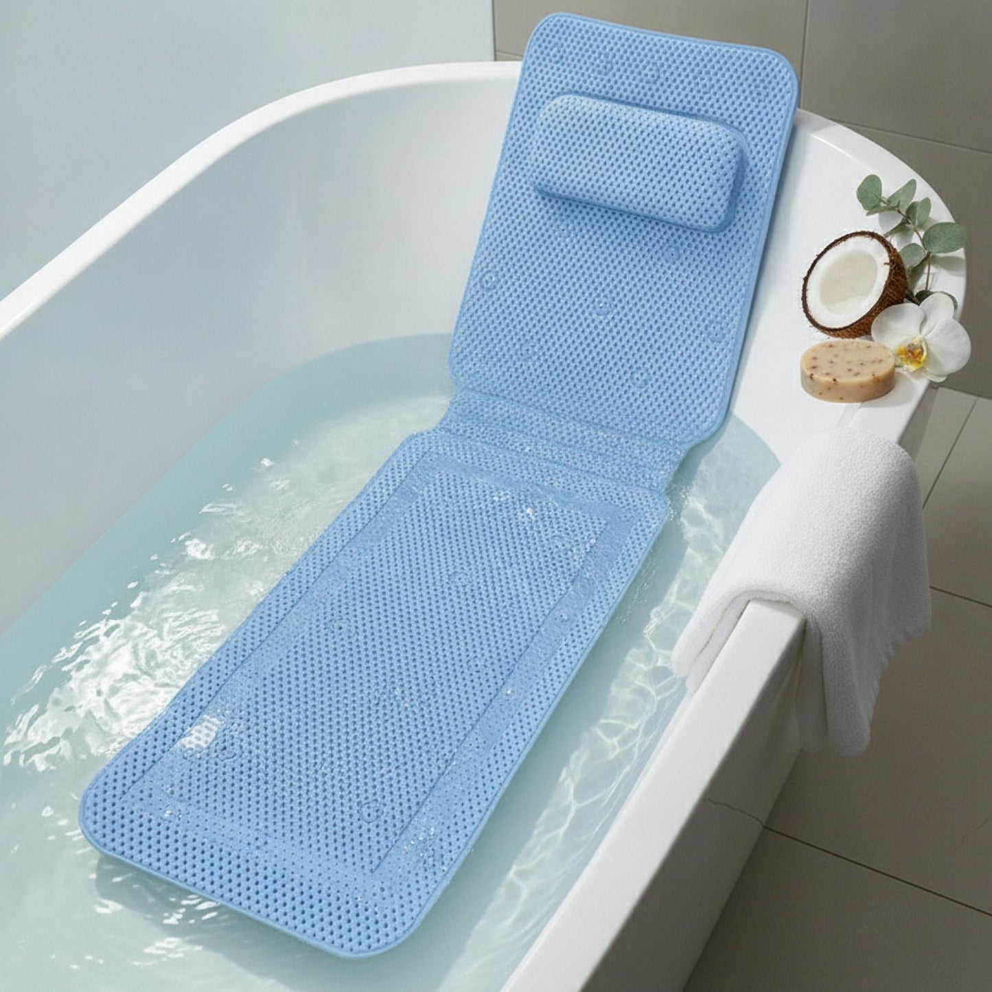 Tapis de Baignoire Extra Long Antidérapant avec Oreiller Intégré - Confort et Sécurité